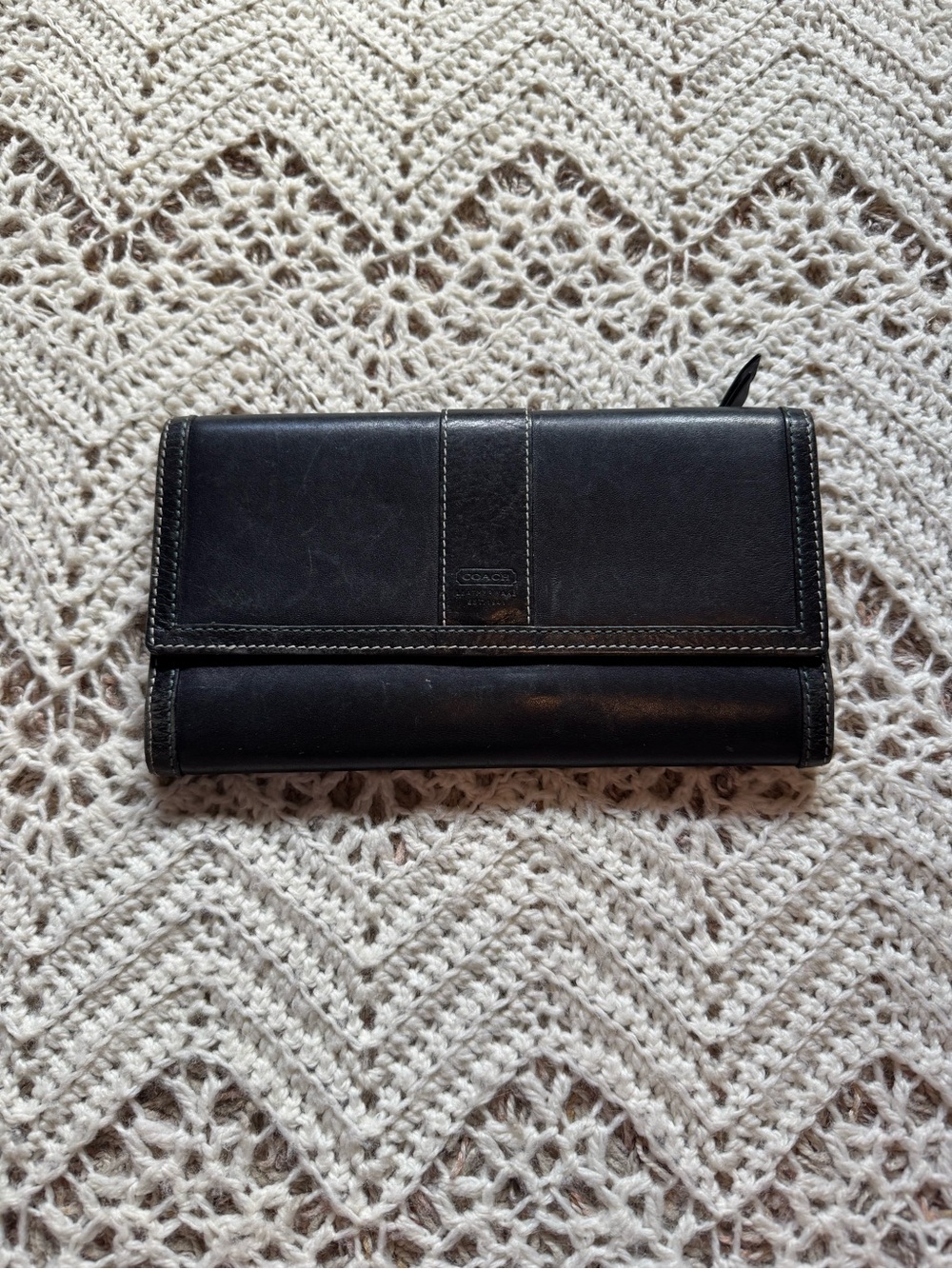 Vintage COACH Hampton Black Leather Trifold Clutch Wallet Y2K Two Tone Stich